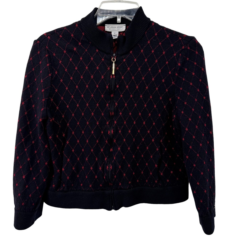 St John Sport Marie Gray Black Red Diamond Knit Zip Mock Neck Jacket Petite P
